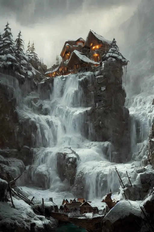 Prompt: mountain village with wooden viking houses on top of a waterfall in the snow, blizzard, a small stream runs beneath the waterfall, landscape, raphael lacoste, eddie mendoza, alex ross, concept art, matte painting, highly detailed, rule of thirds, dynamic lighting, cinematic, detailed, denoised, centerd