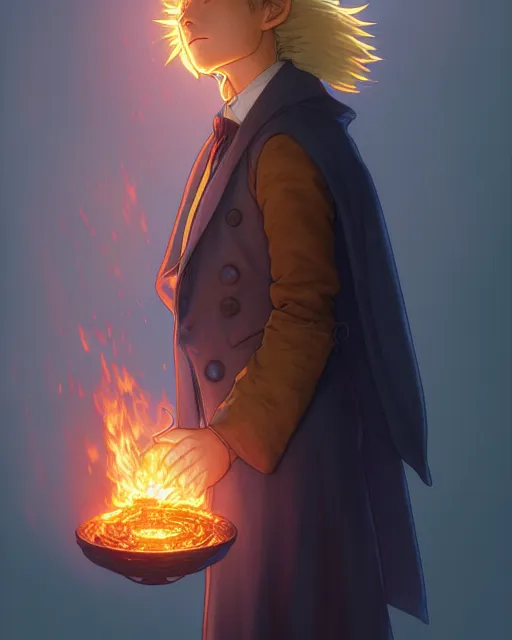 Image similar to real life portrait of calcifer from the movie howl's moving castle, intricate, elegant, highly detailed, digital painting, artstation, concept art, smooth, sharp focus, illustration, art by artgerm and greg rutkowski and fra angelico and alphons mucha