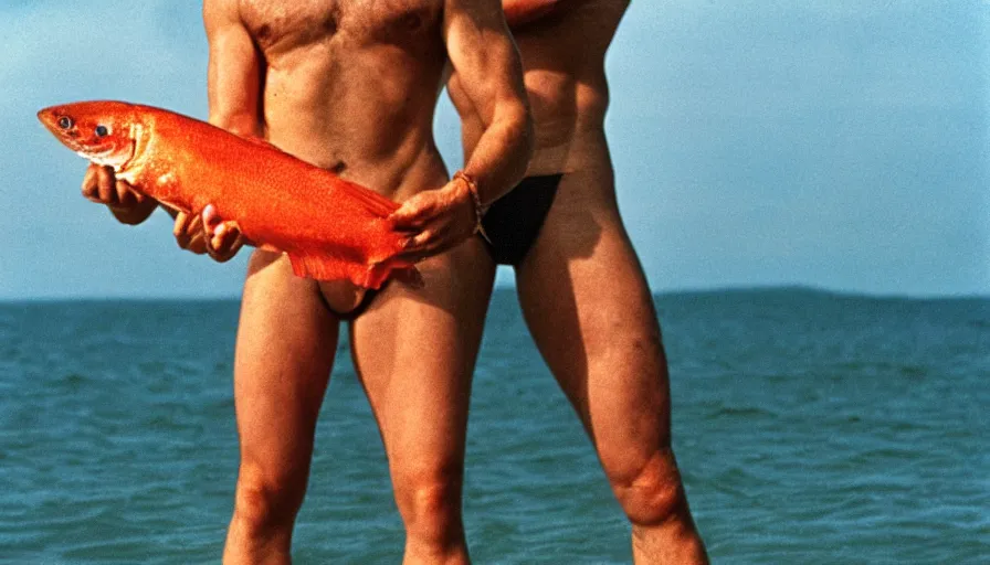 Prompt: 7 0 s movie still of putin in speedo, proudly holding a salmon, focus on his grin. cinestill 8 0 0 t _ 3 5 mm eastmancolor, heavy grain, high quality, high detail