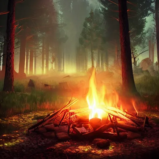 Prompt: a campfire in a surreal world, 8k resolution concept art hyperdetailed trending on Artstation Unreal Engine ominous photorealistic sunshine rays colourful beautiful bokeh ambient occlusion, dynamic lighting, stunning visuals, creative, concept art, trending on art station, ultra detailed