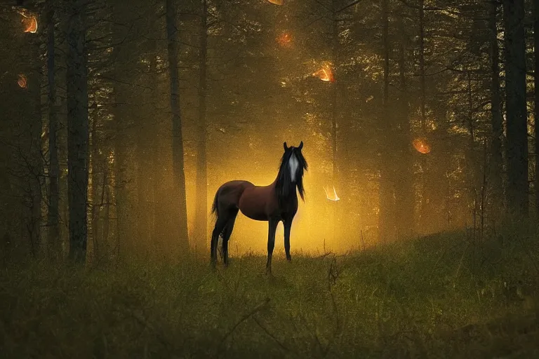 Image similar to beautiful horse in the forest evening natural light, fireflies, by Emmanuel Lubezki
