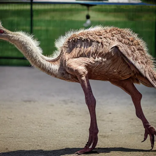 Prompt: ostrich and velociraptor hybrid animal, realistic picture, taken in zoo