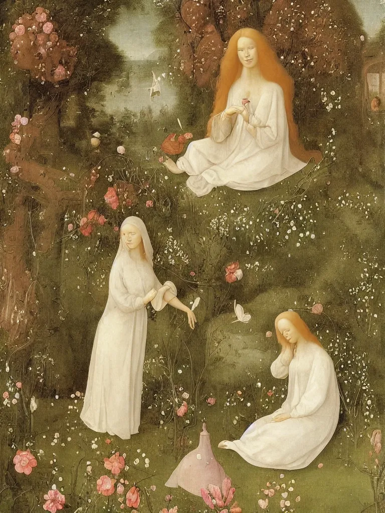 Image similar to beautiful woman with long golden hair, wearing chiffon dress, sitting among large flowers in the garden, in the style of hieronymus bosch,