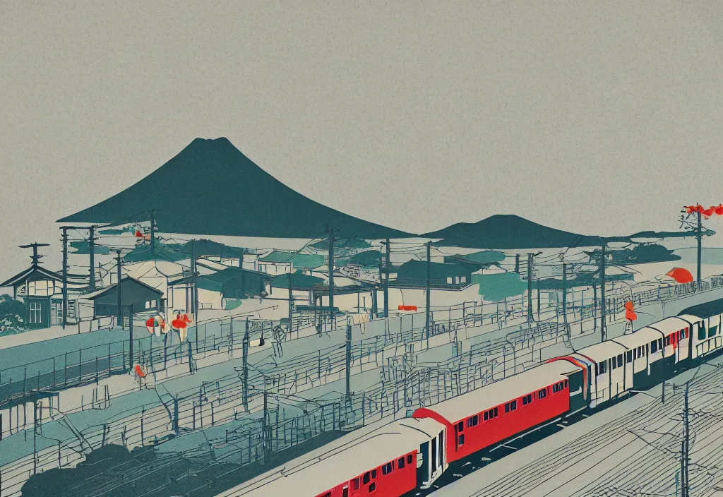 Prompt: low angle seaside landscape train rural japan, a collage painting, in the style of wes anderson, lola dupre, david hockney, isolated on negative white space background dark monochrome fluorescent neon spraypaint accents volumetric octane render
