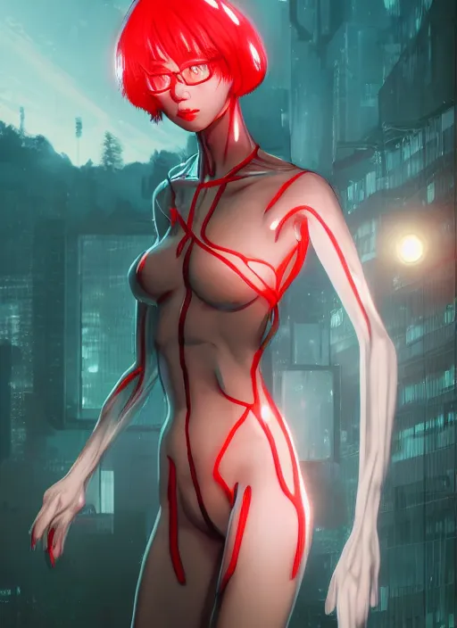 Image similar to unnatural body rei ayanami, fluent composition, red and white neon, concept art, ambient light, 4 k, intricate details, highly professionally detailed, cgsociety, highly detailed -