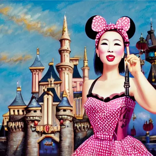 Prompt: beautiful bald chinese woman with pinup makeup wearing disneyland mouse ears standing in front of the disneyland castle at night, oil painting, highly detailed, theatrical lighting, sharp focus