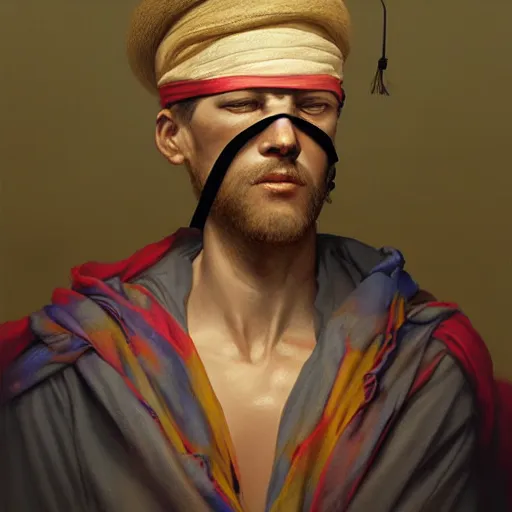 Image similar to portrait of a blindfolded man in multicolored robes, a large straw hat, detailed face, highly detailed, cinematic lighting, digital art painting by greg rutkowski