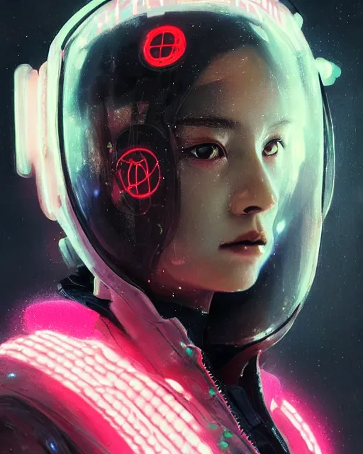 Prompt: detailed portrait Neon Spacesuit Girl, cyberpunk futuristic neon, reflective puffy coat, decorated with traditional Japanese ornaments by Ismail inceoglu dragan bibin hans thoma greg rutkowski Alexandros Pyromallis Nekro Rene Maritte Illustrated, Perfect face, fine details, realistic shaded, fine-face, pretty face