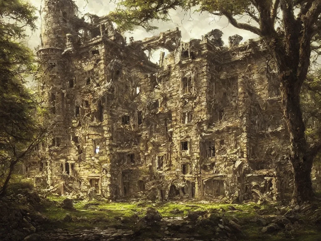 Image similar to A beautiful painting of a dilapidated ancient castle building in the wood, by Noriyoshi Ohrai, Trending on artstation, very detailed