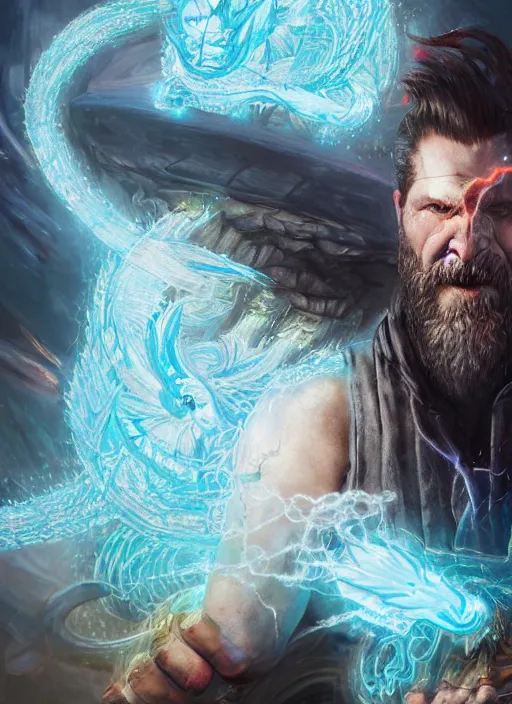 Prompt: close-up of character concept portrait of Gavin McInnes conjuring a violent void multiversal chidori, a floating iridescent lightning dragon from God of War in the center, intricate, elegant, luxurious, digital painting, concept art, smooth, sharp focus, from Star Trek 2021, illustration, by WLOP and Ruan Jia and Mandy Jurgens and William-Adolphe Bouguereau, Artgerm