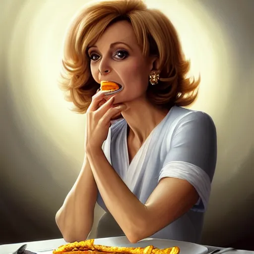 Image similar to portrait of barbara walters eating hamburgers, extra onions and ketchup, luscious patty with sesame seeds, feminine ethereal, handsome, d & d, fantasy, intricate, elegant, highly detailed, digital painting, artstation, concept art, matte, sharp focus, illustration, art by artgerm and greg rutkowski and alphonse mucha