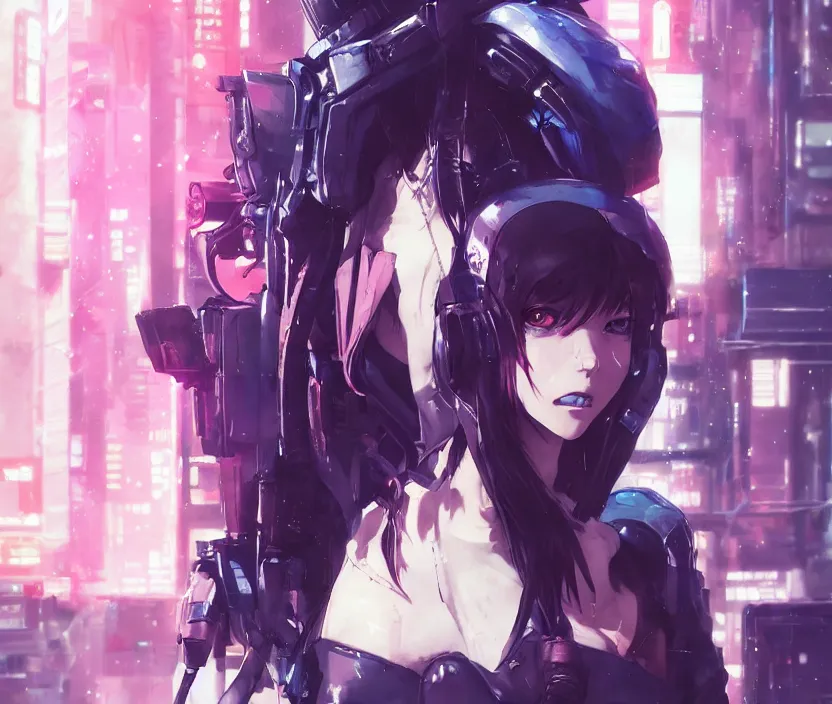 Image similar to cyberpunk anime girl in hoodie, grafity, neonpunk, alita, arcane, fortiche, action, tokyo street, detail, good face, pose model, concept art, in style of yoji shinkawa, pan ren wei, col price, atey ghailan, by greg rutkowski, aesthetic