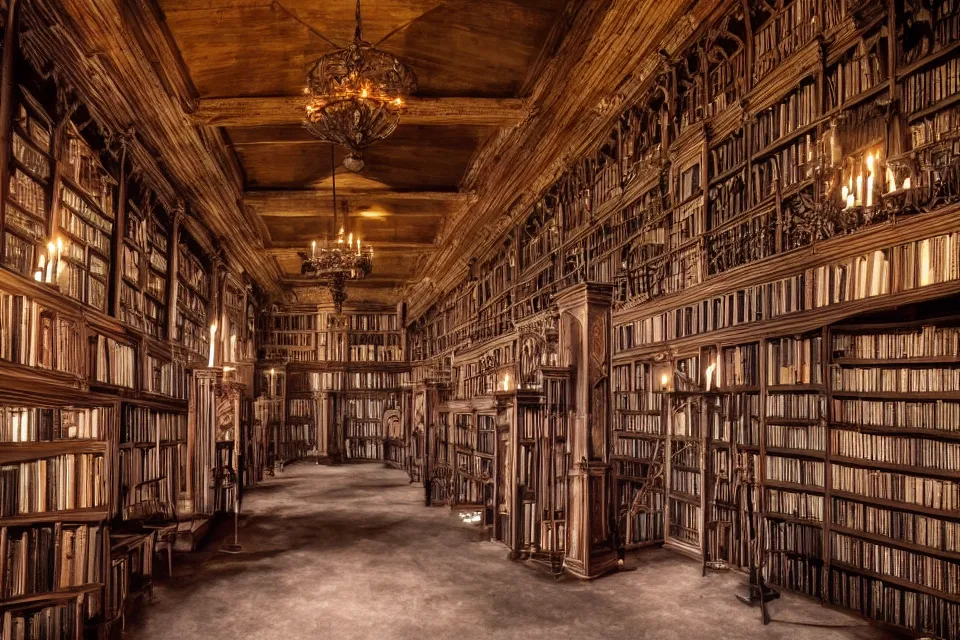 Prompt: the eldritch library of ancient lore, interior shot, long hall, high bookshelves, dark wood, candles, gothic architecture, twilight streaming through high windows, skylights