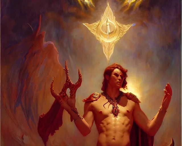 Image similar to attractive male deity, casting demonic magic, summoning handsome lucifer morning star. highly detailed painting by gaston bussiere, craig mullins, j. c. leyendecker 8 k