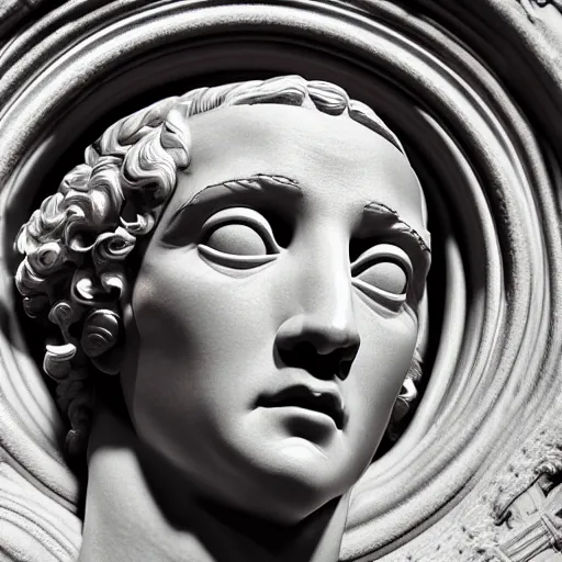 Image similar to a 3 d neon circle on a renaissance statue head, black background, ray tracing, 8 k resolution, sharp focus, hyper detailed, hyper realistic