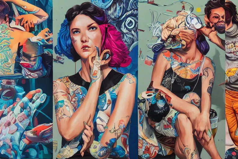 Image similar to Drunks people in bar, Tristan Eaton, victo ngai, artgerm, RHADS, ross draws