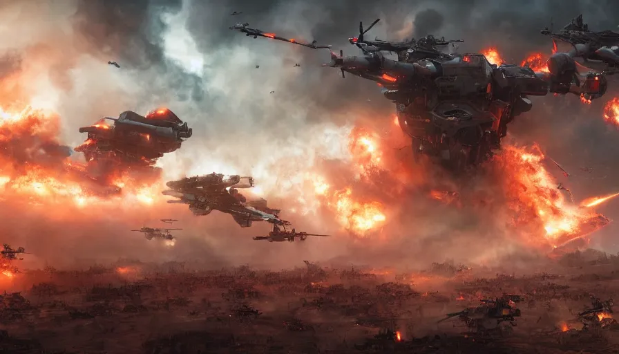 Prompt: Cinematic view of a huge battle with troops on the battlefield firing at giant robots, helicopters in the sky, fire and ashes, smoke columns, destruction, apocalypse, wide view, hyperdetailed, artstation, cgsociety, 8k