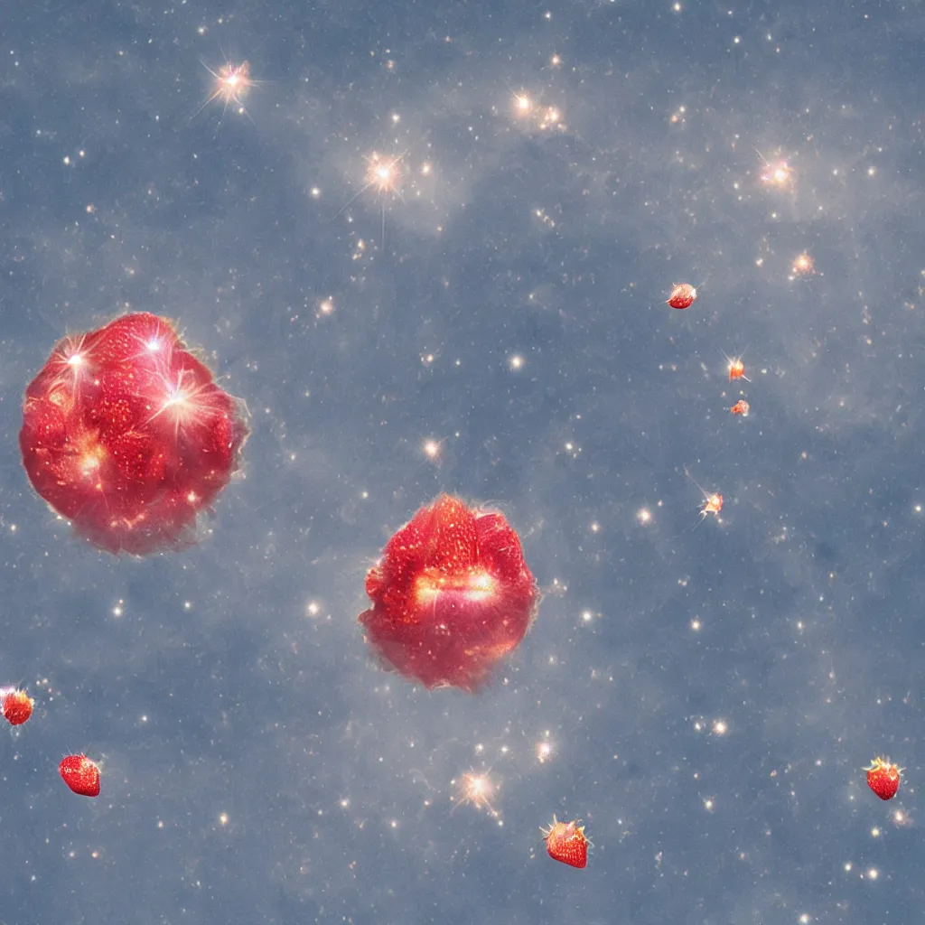 Prompt: a peach-like neutron star is bursting and throwing strawberry to all around