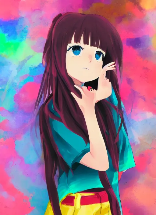 Image similar to a girl wearing thrifty clothing, very anime, trending artwork, 4 k, dynamic, anime painter studio, an impressionist style