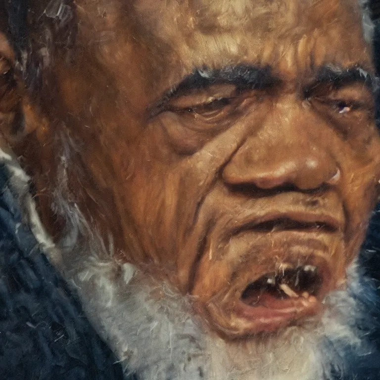 Prompt: warmly lit close up studio portrait of very old angry! Barack Obama age 115 angrily singing, impasto oil painting thick brushstrokes by Cy Twombly and Anselm Kiefer , trending on artstation dramatic lighting Expressionism