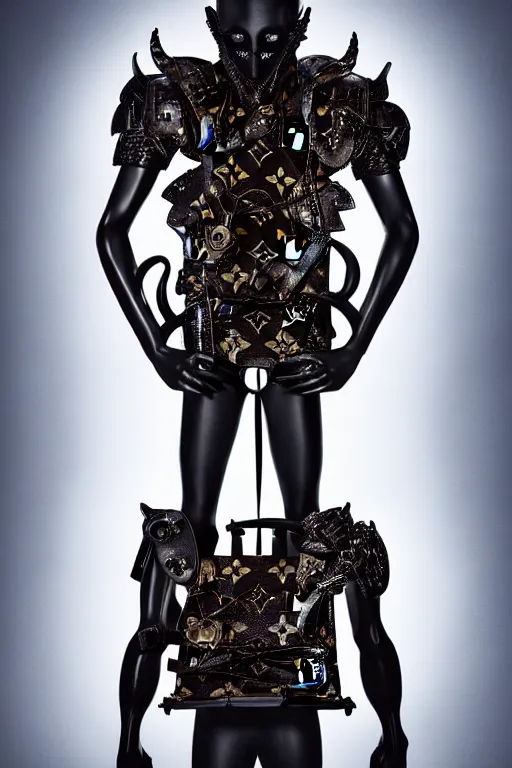 Image similar to very ashamed and angry demon envoked by louis vuitton for modeling in louis vuitton armor, luxury materials, symmetrical, cinematic, elegant, professional studio light, real dlsr photography, sharp focus, 4 k, ultra hd, sense of awe, high fashion