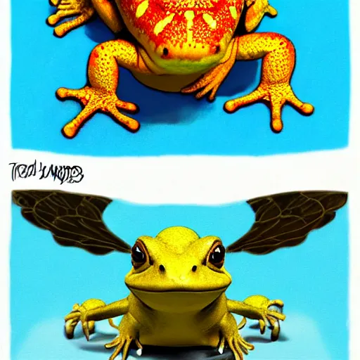 Prompt: toad with wings front view Across holding a hand + rainbow reptile front view Across holding a hand + golden lizard front view, trio, artstation, concept art, master illustration, details, good clear quality, fun - w 704