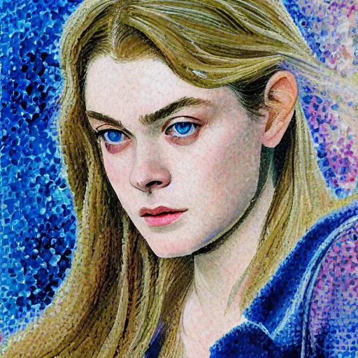 Prompt: professional painting of Elle Fanning in Metal Gear Solid in the style of Henri-Edmond Cross, head and shoulders portrait, symmetrical facial features, smooth, sharp focus, illustration, intricate, stormy weather, extremely detailed masterpiece,