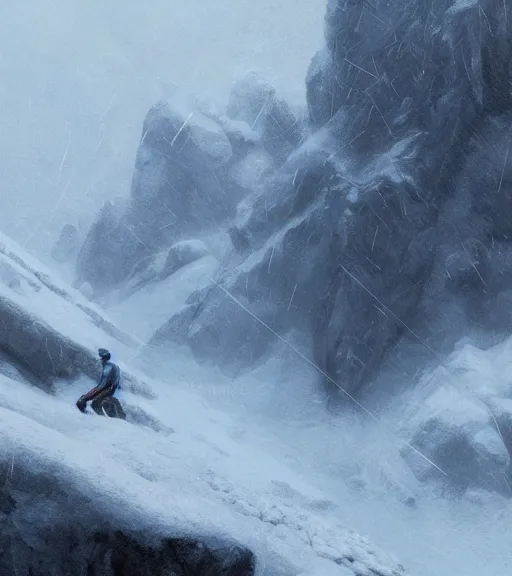 Image similar to a climber climbs a snowy mountain in a storm, close view, painting by craig mullins, octane rendering, soft morning lighting, wide angle lens, in the style of hayao miyazaki, trending on artstation,