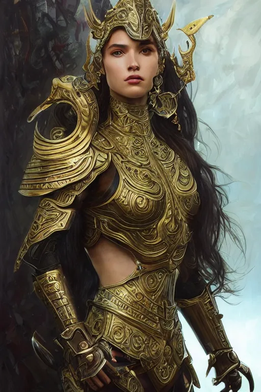 Prompt: a full body portrait of an attractive young female, ornate metallic helmet, intricate battle armor, olive skin, long dark hair, beautiful bone structure, intricate, elegant, highly detailed, digital painting, artstation, concept art, smooth, sharp focus, illustration, art by artgerm and greg rutkowski and alphonse mucha