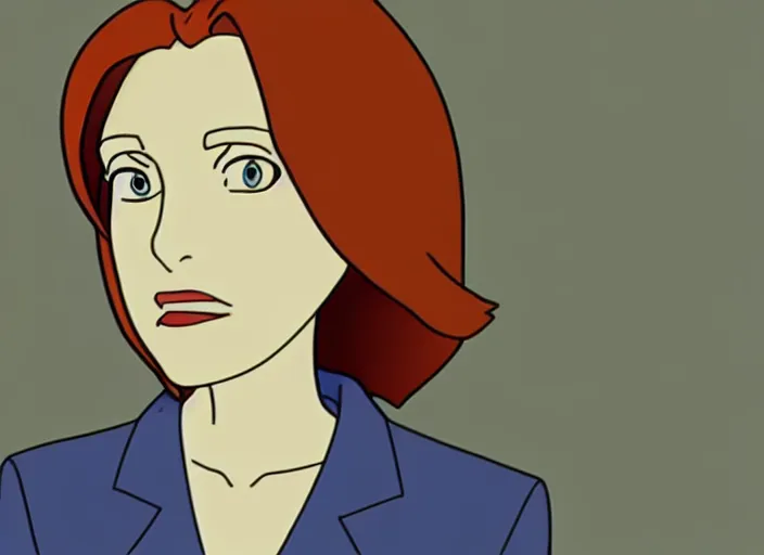 Image similar to an animation still of dana scully, in the style of studio ghibli, traditional animation, sharp detail, animation cel