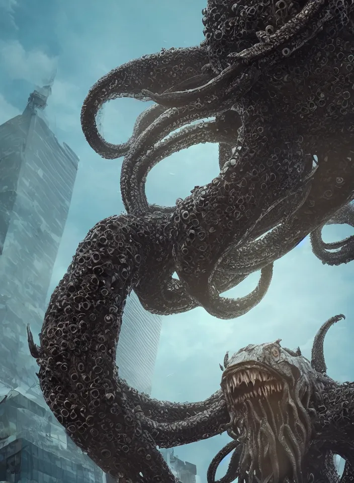 Image similar to A very giant Kraken-like multi-eyed monster jumped up with its jaws on a high-rise office building and wrapped his tentacles all around him. High detail, front view, photorealism, concept art, octane render, zoom, 8k