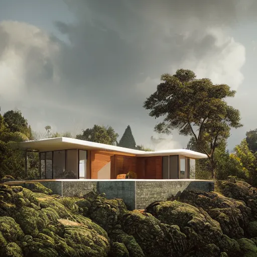 Prompt: modern villa inspired by a rooster, ultra detailed, matte painting, overlooking a valley, big trees, clouds, dramatic lighting, artstation, matte painting, raphael lacoste, simon stalenhag, frank lloyd wright, drone view