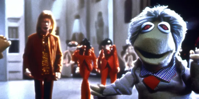 Image similar to Cinematography of Heroes era David Bowie in 1981 shot on a 9.8mm wide angle lens on the set of The Muppet Movie