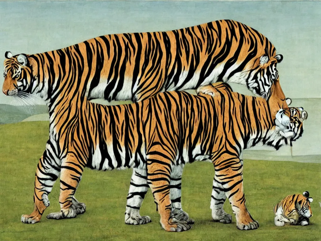 Prompt: Tiger embracing zebra. Painting by Alex Colville, Piero della Francesca