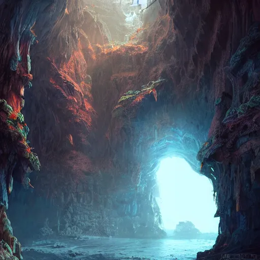 Image similar to “A beautiful hyper realistic detailed matte painting of the entrance to a dungeon of the gods at the base of an ancient mountain, dramatic lighting, dynamic lighting, cinematic lighting, lit by morning light, by Finnian MacManus and Jessica Rossier, unreal engine, featured on artstation, ultrawide angle, f8, polarizer filter, lava, magma, oversaturated, dof”