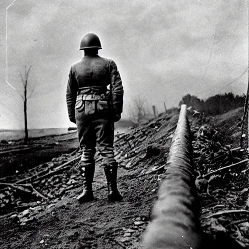 Prompt: omni man, historical photo, ww 2, trench