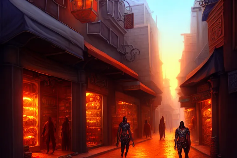 Image similar to a bazaar street in the city of tyr from athas, amazing dark sun digital painting, by gerald brom, brom digital art, intricate details, ultra realistic, beautiful art, volumetric lighting, warm colors advance cool colors recede, by brom, trending cgsociety, artstation, rim lighting, 8 k