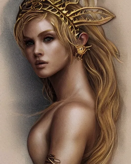 Image similar to tattoo design sketch of hot blonde super model as aphrodite greek goddess wearing a gold laurel wreath and triangle earrings, beautiful piercing gaze with sharp pupils, in the style of greg rutkowski, fantasy, amazing detail, epic, elegant, smooth, sharp focus, front view