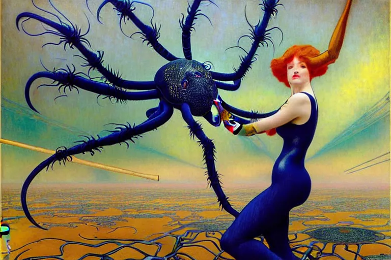 Image similar to realistic extremely detailed portrait painting of a fully dressed woman with a giant spider, futuristic sci-fi landscape on background by Jean Delville, Amano, Yves Tanguy, Alphonse Mucha, Ernst Haeckel, Edward Robert Hughes, Rolf Armstrong, rich moody colours, blue eyes