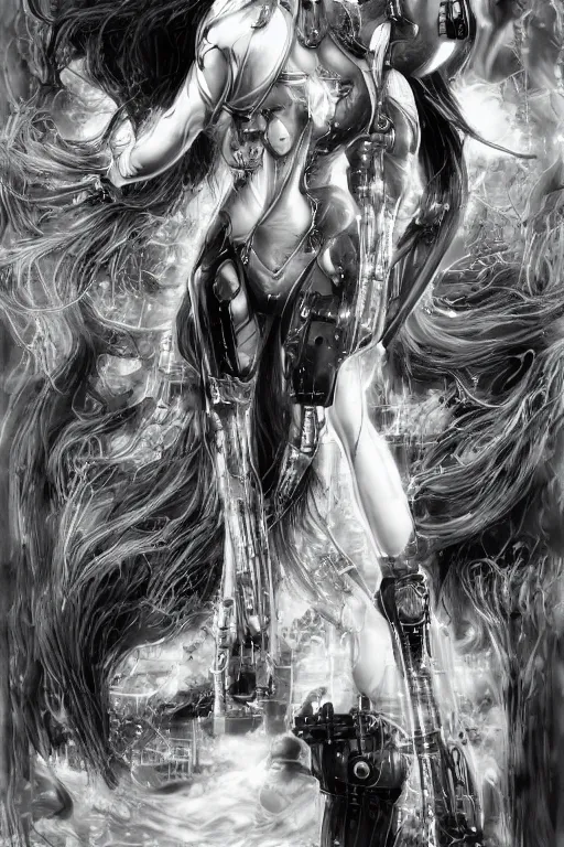 Image similar to a vertical portrait of a character in a scenic environment, black and white, dreamy, cybernetic suit, long straight black hair, highly detailed, by Yoshitaka Amano