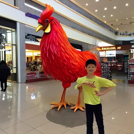 Image similar to giant rooster next to a small rooster inside a shopping mall