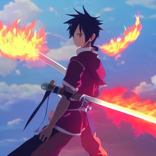Prompt: sword made of fire in the style of Makoto Shinkai, anime, colorful, beautiful, 4k