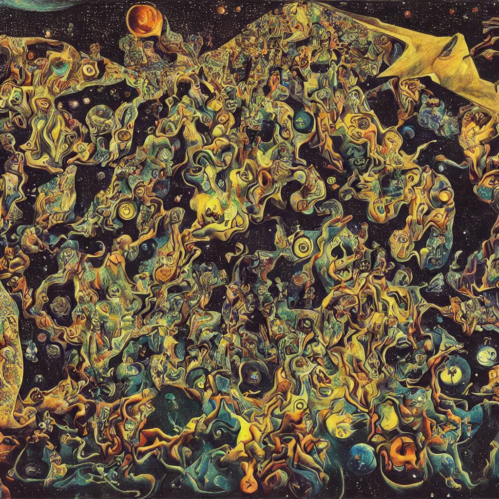 Image similar to intergalactic psychonaut unholy gathering, 4K, by collaboration of M. C. Escher and Salvador Dali and Van Gogh