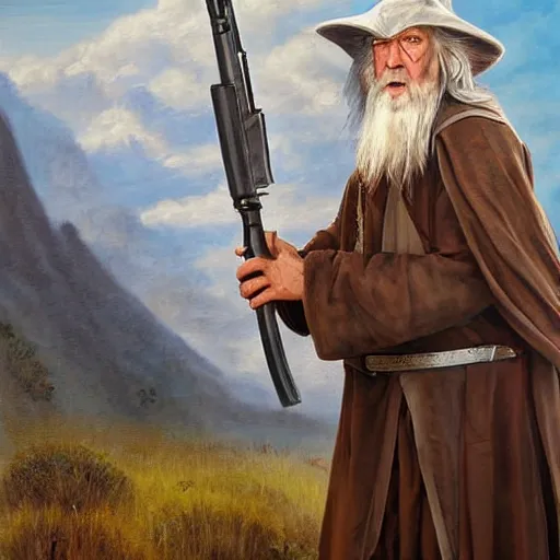 Prompt: gandalf with an ar-15, oil painting, war photo, anger, fire, dramatic, very detailed, 4k