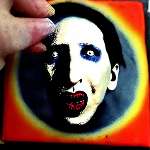 Prompt: painting on a badge!!!!, photo of a marilyn manson, punks not dead!!!!, exploited!!, clash, junk yard, rats!!, god save the queen!!!, punk rock album cover art style, grunge, no future!!!!