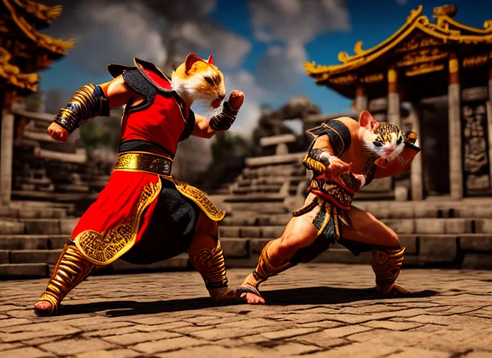 Image similar to hamster dressed as shao khan fights a cat dressed as kung lao in mortal kombat on the background of an ancient temple. fantasy magic style. highly detailed 8 k. intricate. lifelike. soft light. sony a 7 r iv 5 5 mm. unreal engine with nanite and path tracing