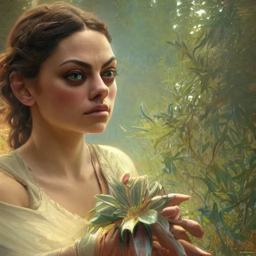 Image similar to a beautiful closeup portrait of mila kunis, magical forest background, serene colors, dramatic light, gorgeous view, depth, high detail, digital art, painted by alphonse mucha and greg rutkowski, trending on artstation