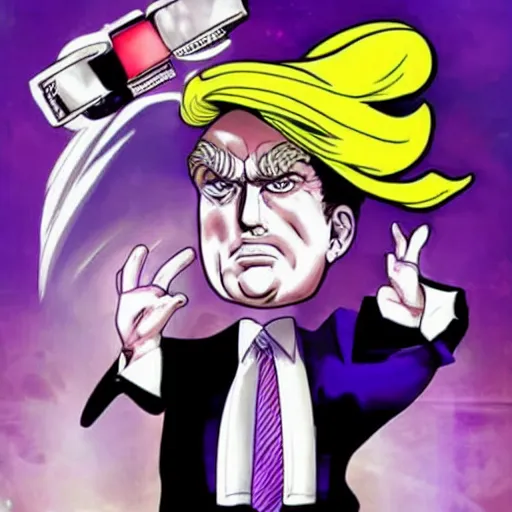 Image similar to donald trump in jojo's bizarre adventure, with his stand from jojo's bizarre adventure manifested as a floating purple figure behind him