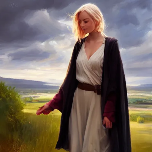 Image similar to blonde female jedi, Swedish countryside, landscape view, archipelago, painting by Vladimir Volegov, wlop, artstation