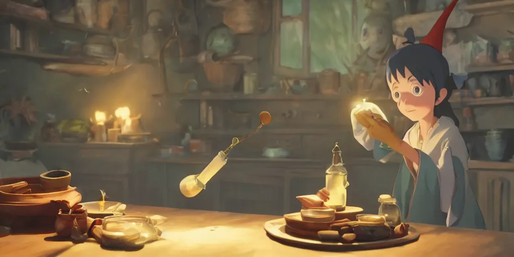 Prompt: a wholesome animation key shot of a focused witch preparing her potions at home, medium shot, waist up, studio Ghibli, Pixar and Disney animation, sharp, Rendered in Unreal Engine 5, anime key art by Greg Rutkowski, Bloom, dramatic lighting